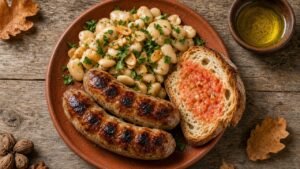 Botifarra a la brasa amb mongetes blanques saltejades amb all i julivert i pa amb tomàquet