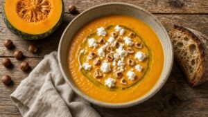 Bol de crema de carbassa amb formatge de cabra, avellanes torrades i oli d'oliva