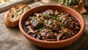 Galtes de porc al vi negre amb bolets en una cassola de fang