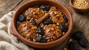 Pollastre amb prunes i pinyons en una cassola de fang