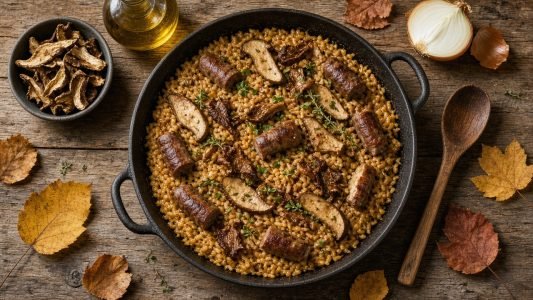 Arròs de bolets i botifarra de pagès servit en una paella de ferro