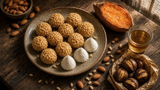 Panellets casolans de pinyons i coco amb moniato i castanyes sobre una taula de fusta